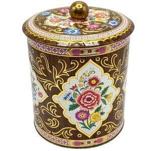 Vtg Daher Floral Tin Canister Lidded Container England Shabby Chic Rose Gold